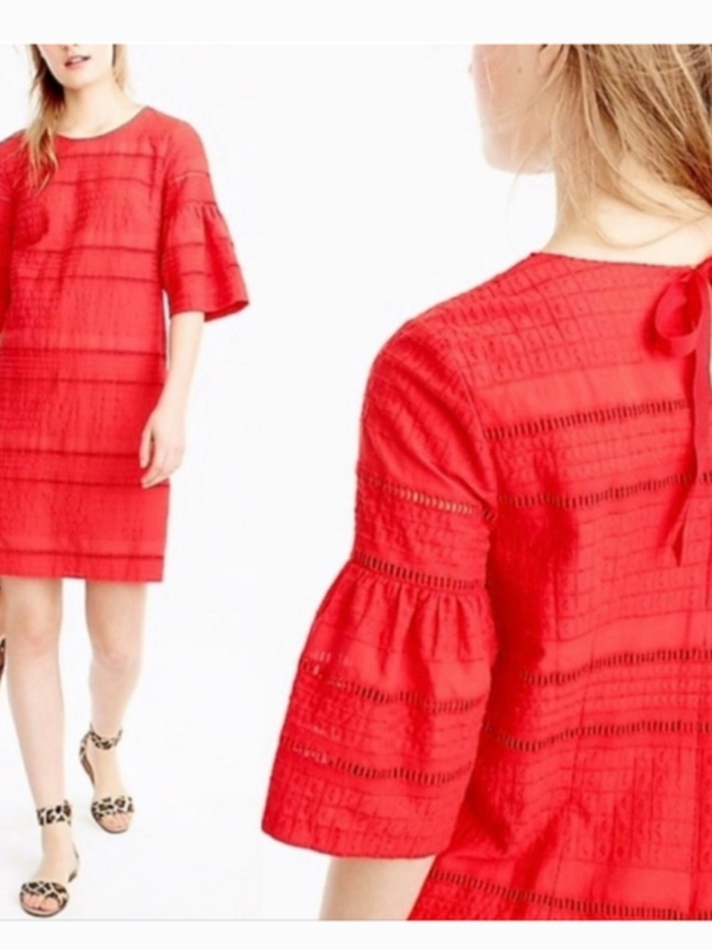 100% Cotton J. Crew Textured Lace Dress with Flared Elbow Sleeves